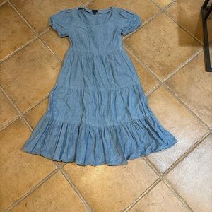 J.Crew Factory Chambray Tiered Midi Dress Puff Sleeve Size 8 Blue
